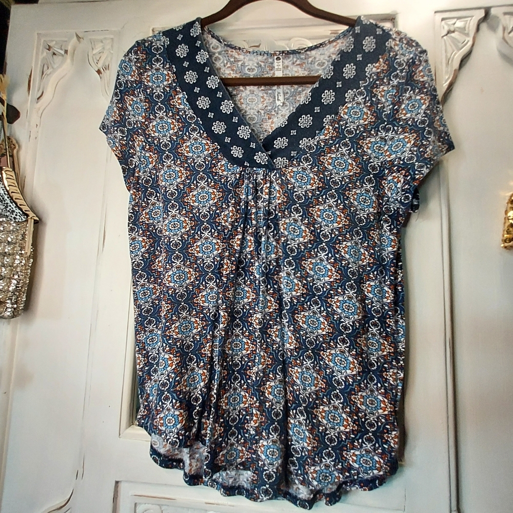 Blue V-Neck Flutter Sleeve Blouse